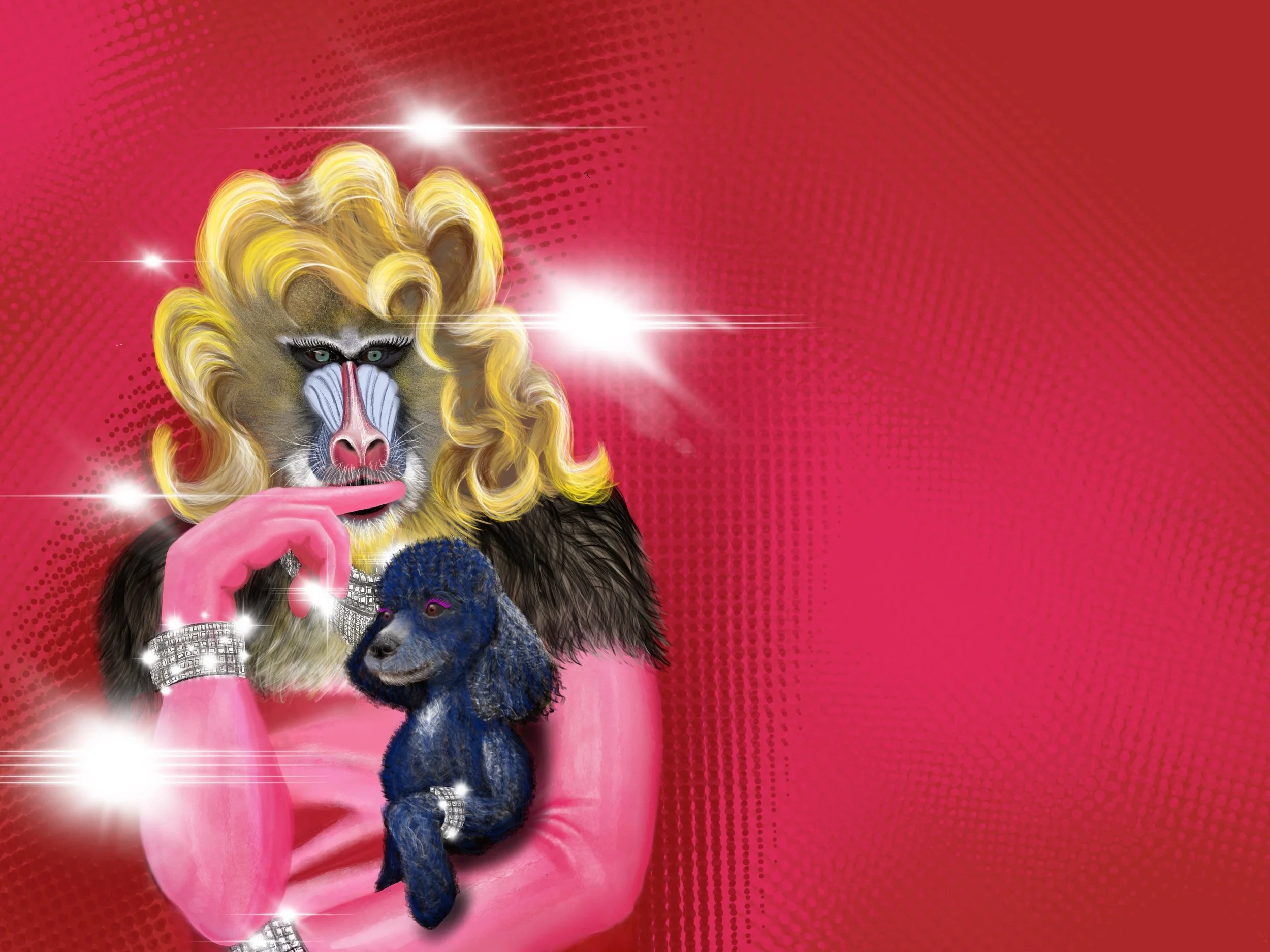 Cartoon lion with gold mane and makeup, wearing pink gloves, holding a blue poodle, set against a red background with sparkling effects.