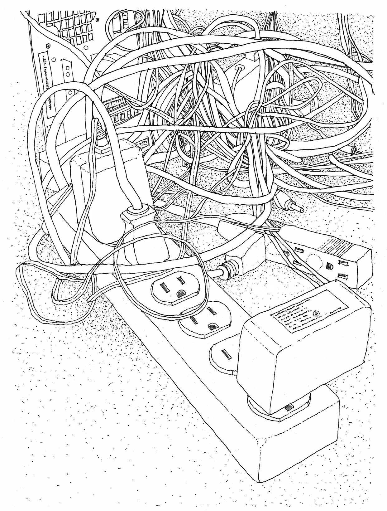 A black and white line drawing of a tangled mess of power strips, extension cords, and electronic devices plugged in, including a power adapter and a surge protector, with multiple cables draped over a surface.