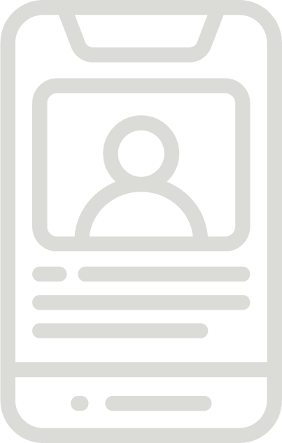 Icon of a smartphone displaying a user profile with a photo placeholder and text lines.