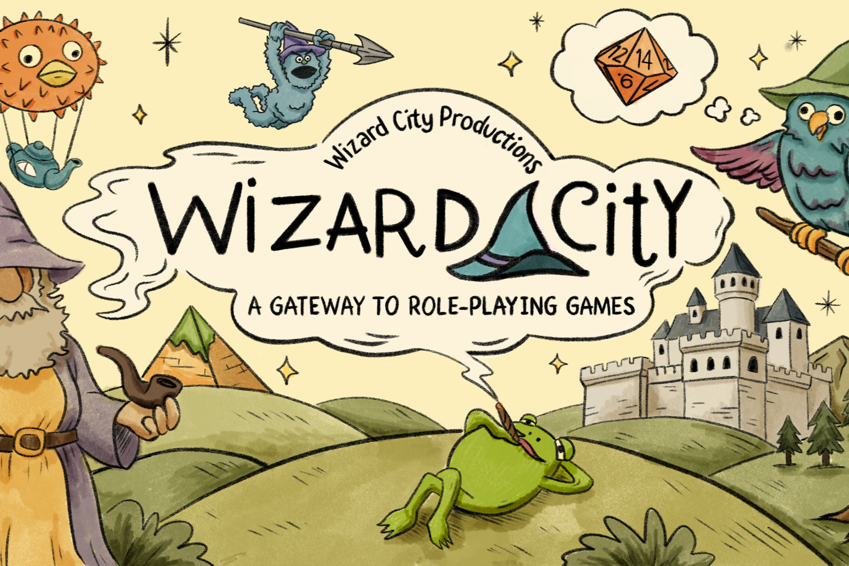 Colorful cartoon illustration of Wizard City with a castle, wizard, frog, owl, and magical creatures, promoting a role-playing game.