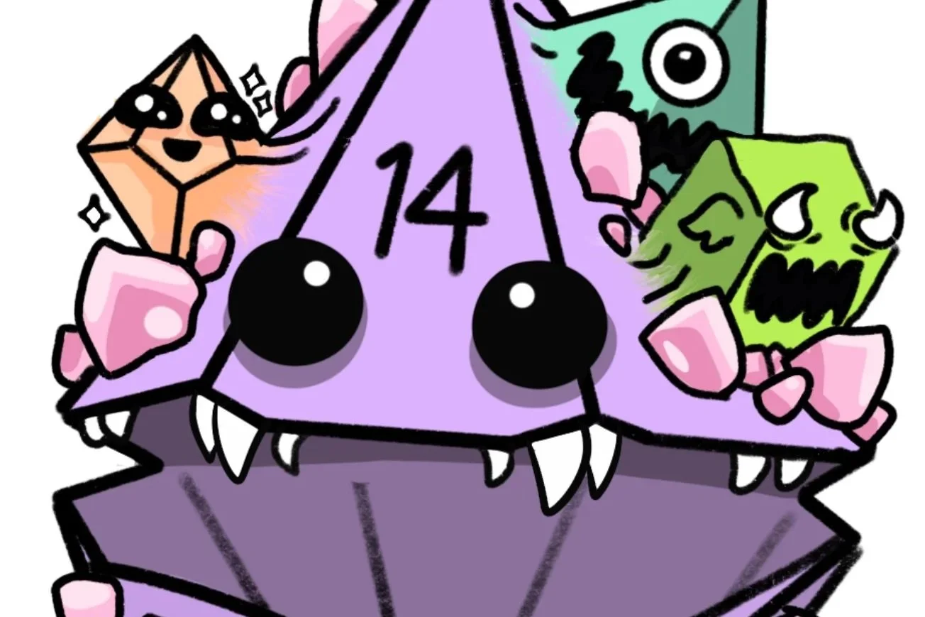 A colorful, cartoon-style illustration of a purple 14-sided die with large black eyes, surrounded by smaller, cute dice with faces, all with playful expressions.