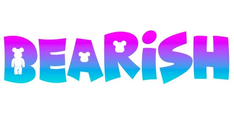 Colorful text spelling  BEARISH with bear face icons inside the letters, gradient colors from purple to blue.