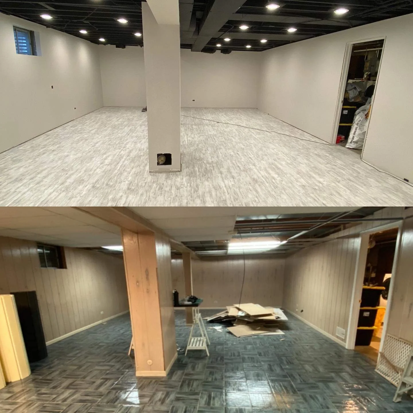 Two photos of the same room under renovation. The top photo shows a room with white walls, light-colored flooring, and a drop ceiling with recessed lighting, with a column in the middle. The bottom photo shows the same room with wood-paneled walls, dark patterned flooring, and construction materials scattered around, with exposed ceiling infrastructure.