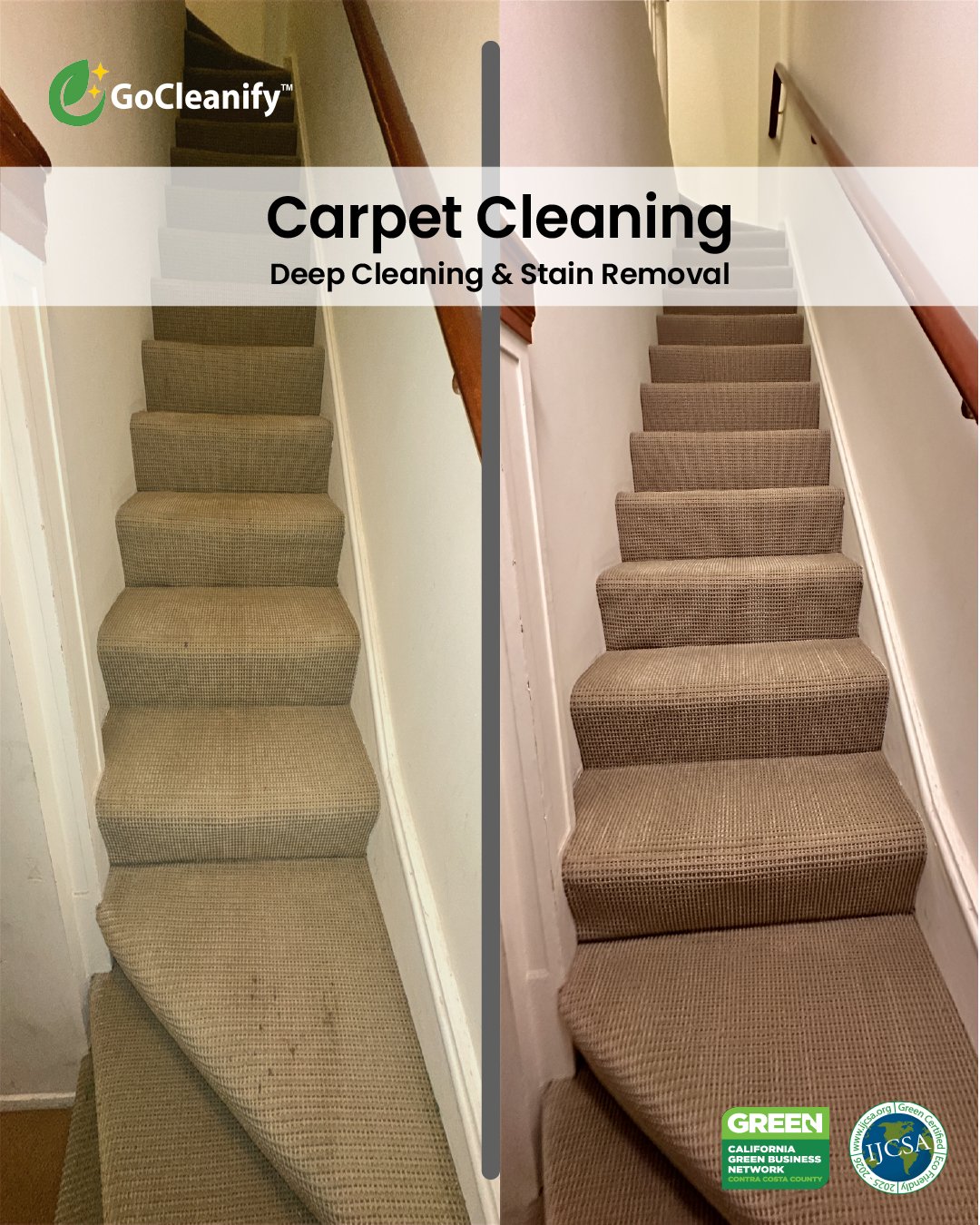 Deep carpet cleaning services for stairs and high-traffic areas, removing embedded dirt and restoring a clean, fresh appearance.