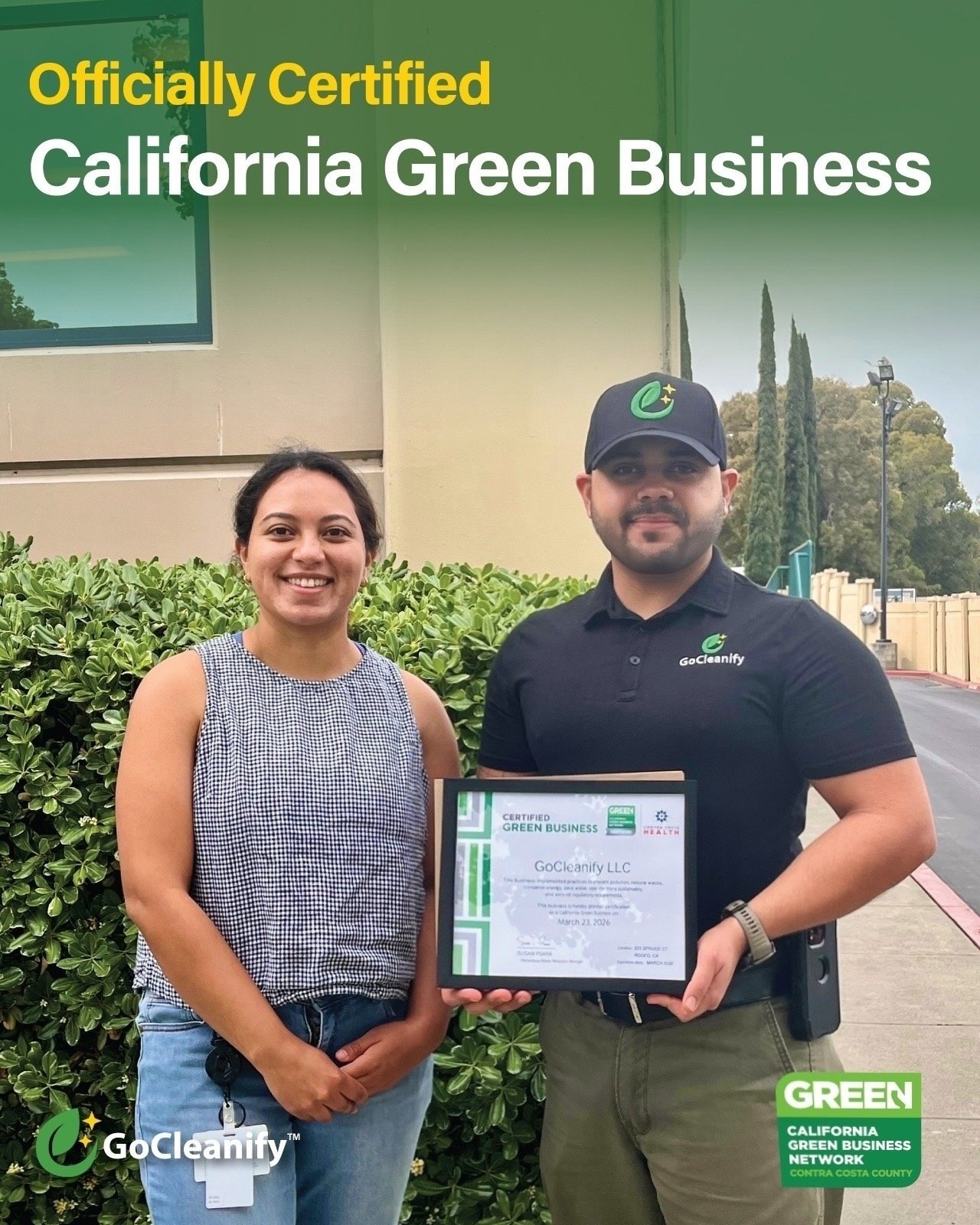GoCleanify LLC officially certified as a California Green Business for eco-friendly commercial cleaning services in Berkeley, CA