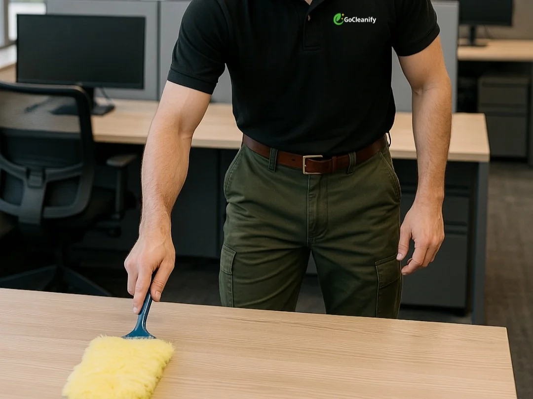 Office dusting service by GoCleanify in Berkeley CA, ensuring clean desks, sanitized surfaces, and a healthy work environment for commercial spaces.