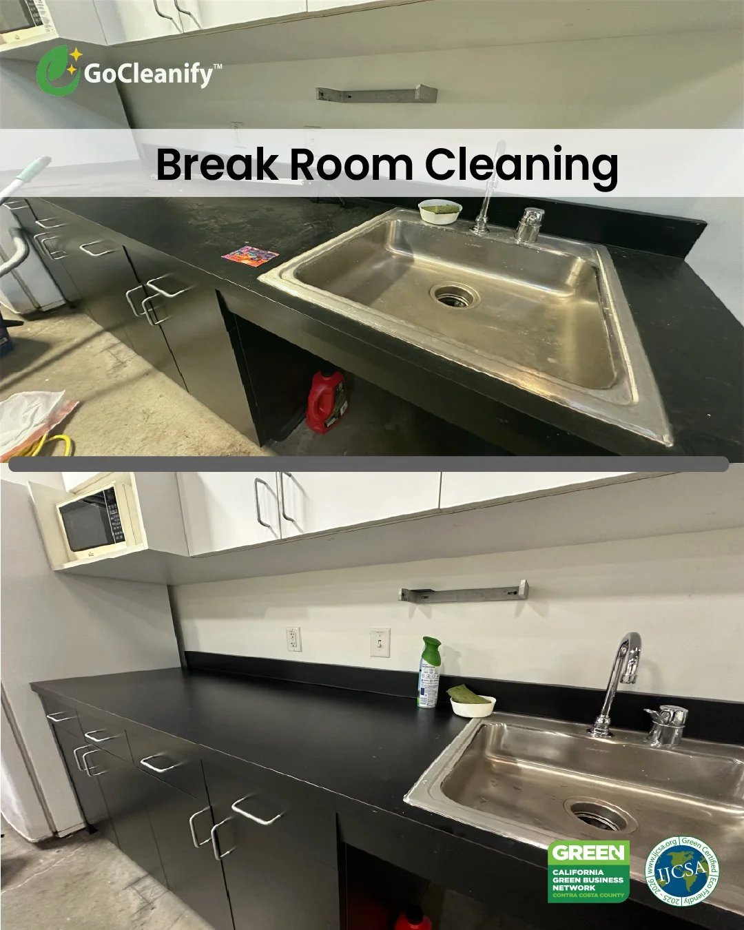 Break room cleaning services ensuring sanitized surfaces, clean sinks, and a hygienic environment for employees.