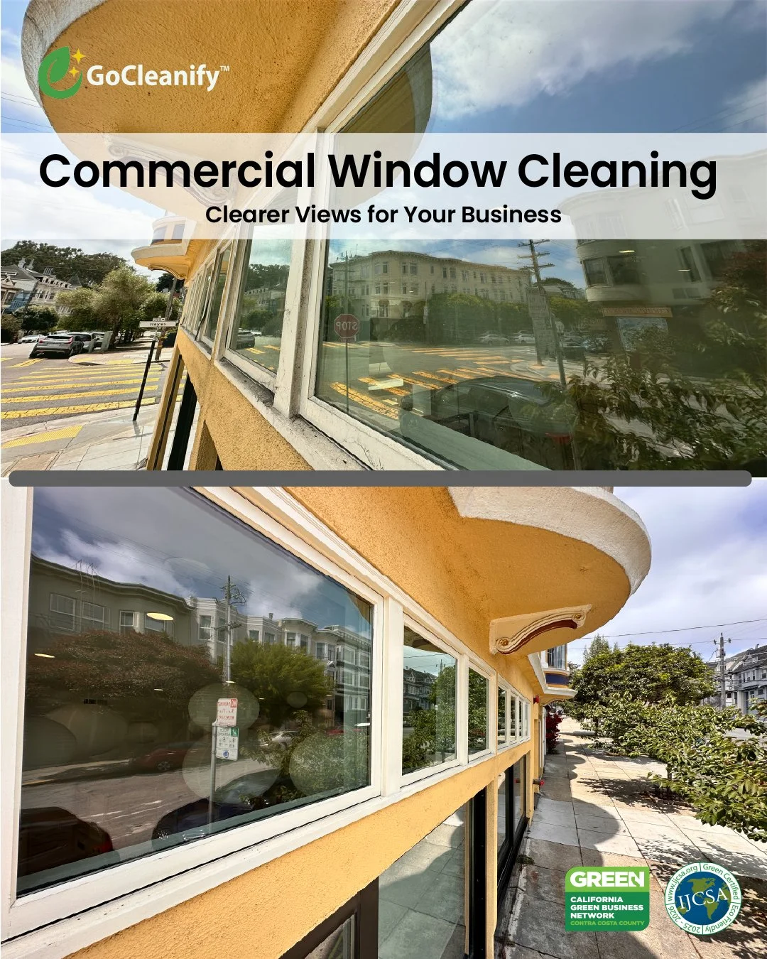 Professional commercial window cleaning service for office buildings in San Francisco Bay Area, providing streak-free glass and clearer views for businesses.