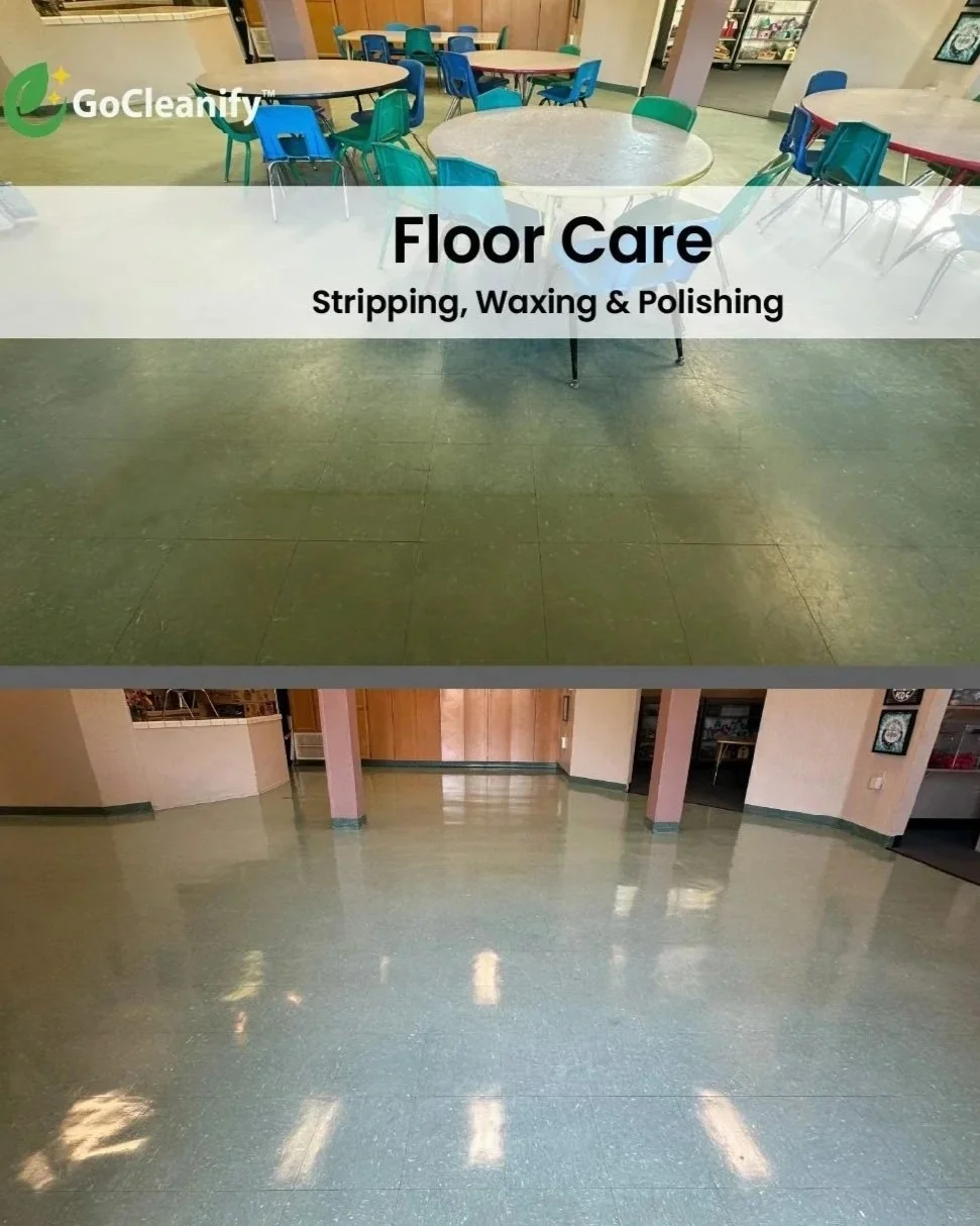 "GoCleanify eco-friendly classroom floor cleaning — before and after stripping, waxing, and polishing in Bay Area childcare facility."