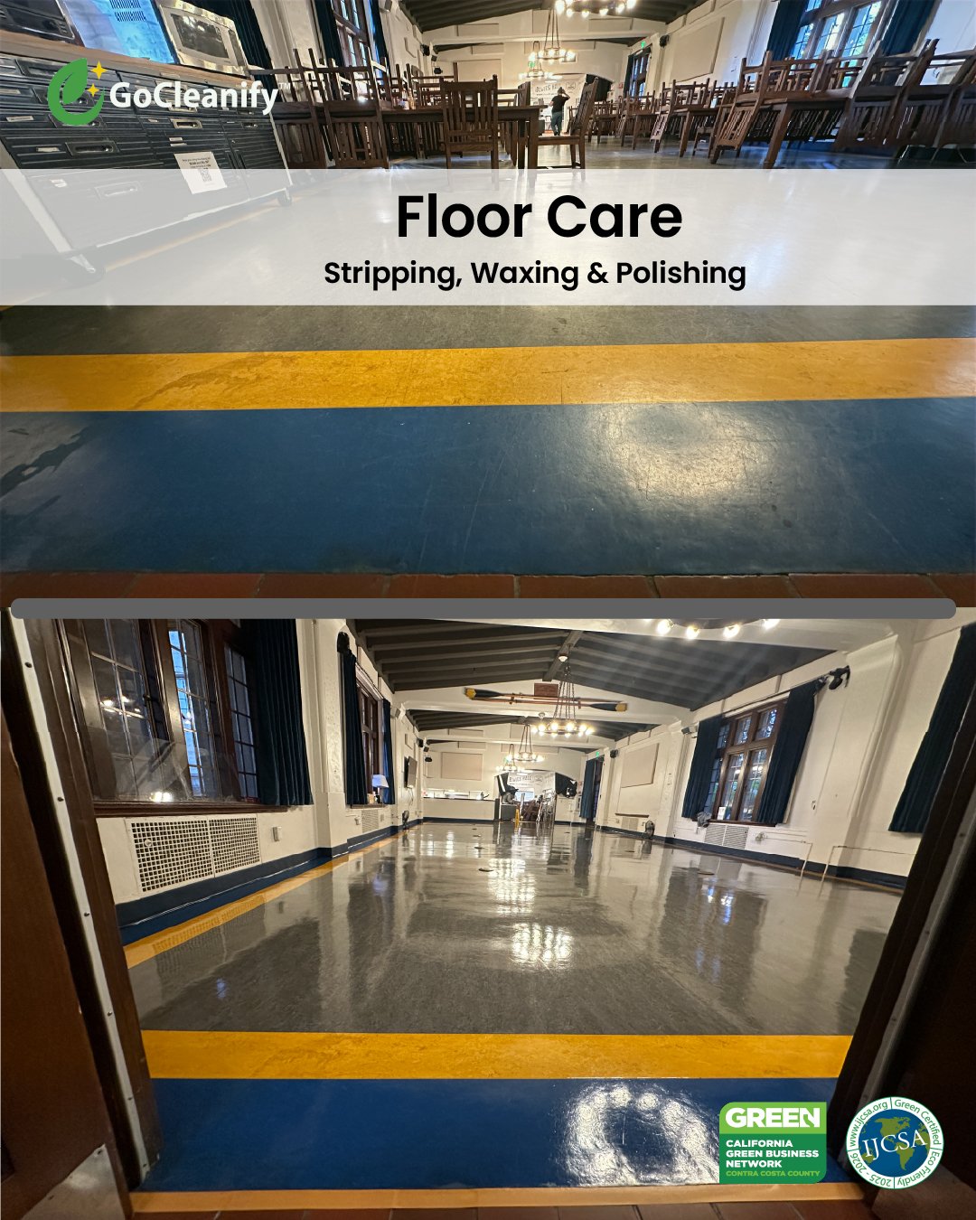 GoCleanify provides advanced floor care services including stripping, waxing, and maintenance for large commercial spaces in the Bay Area.