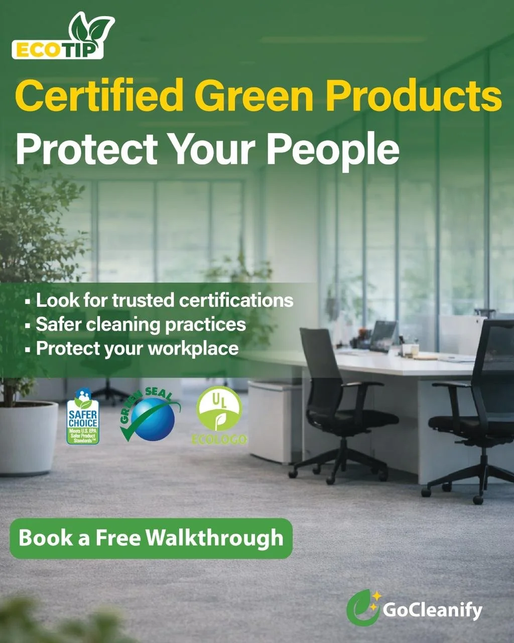 Certified green cleaning products used by GoCleanify for safer workplaces in the San Francisco Bay Area