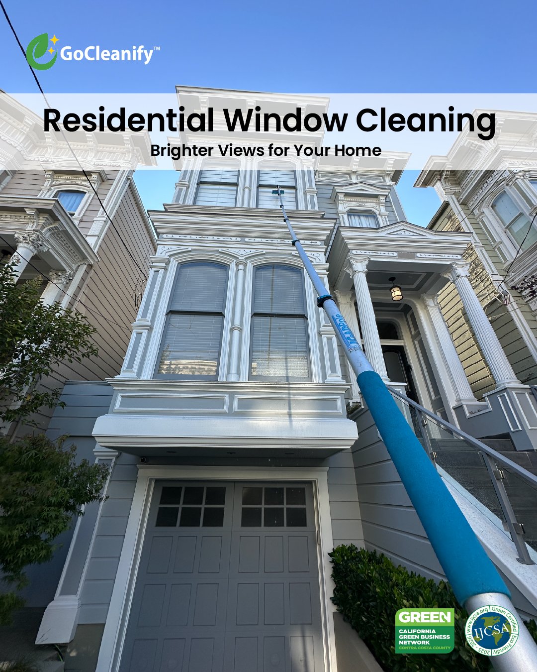 Residential window cleaning service for a multi-story home in San Francisco Bay Area using professional equipment for safe and streak-free results.