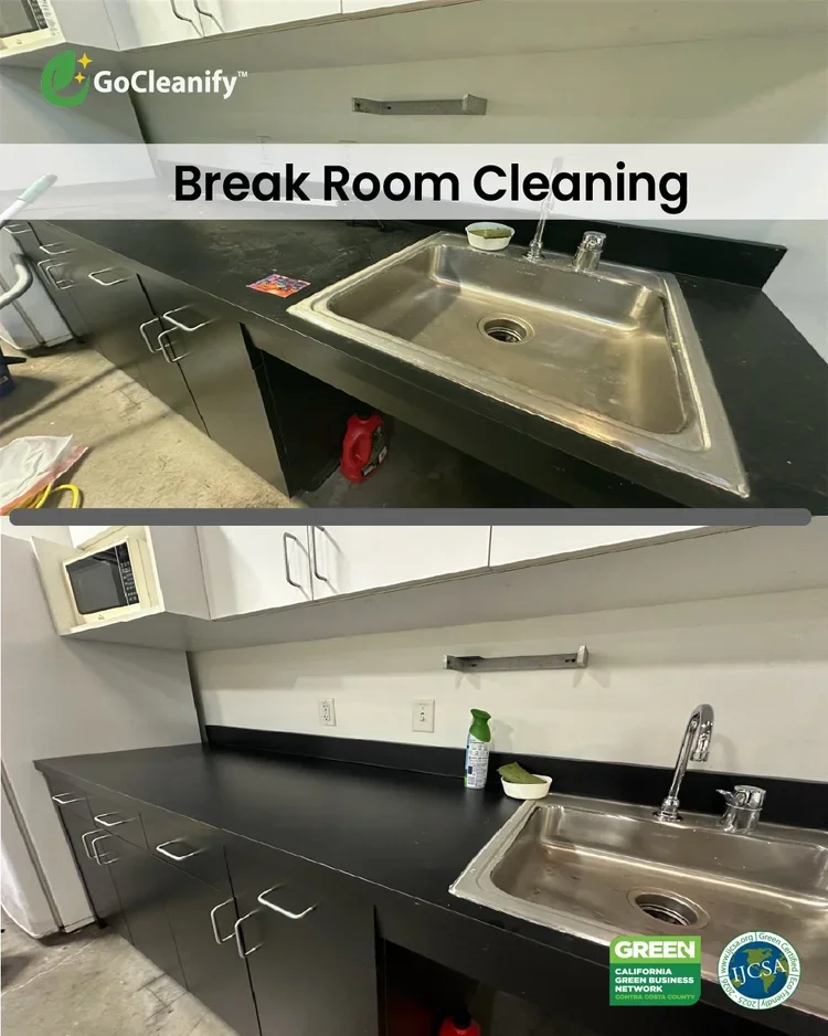 "GoCleanify eco-friendly janitorial services Bay Area — before and after break room cleaning with certified sustainable results."