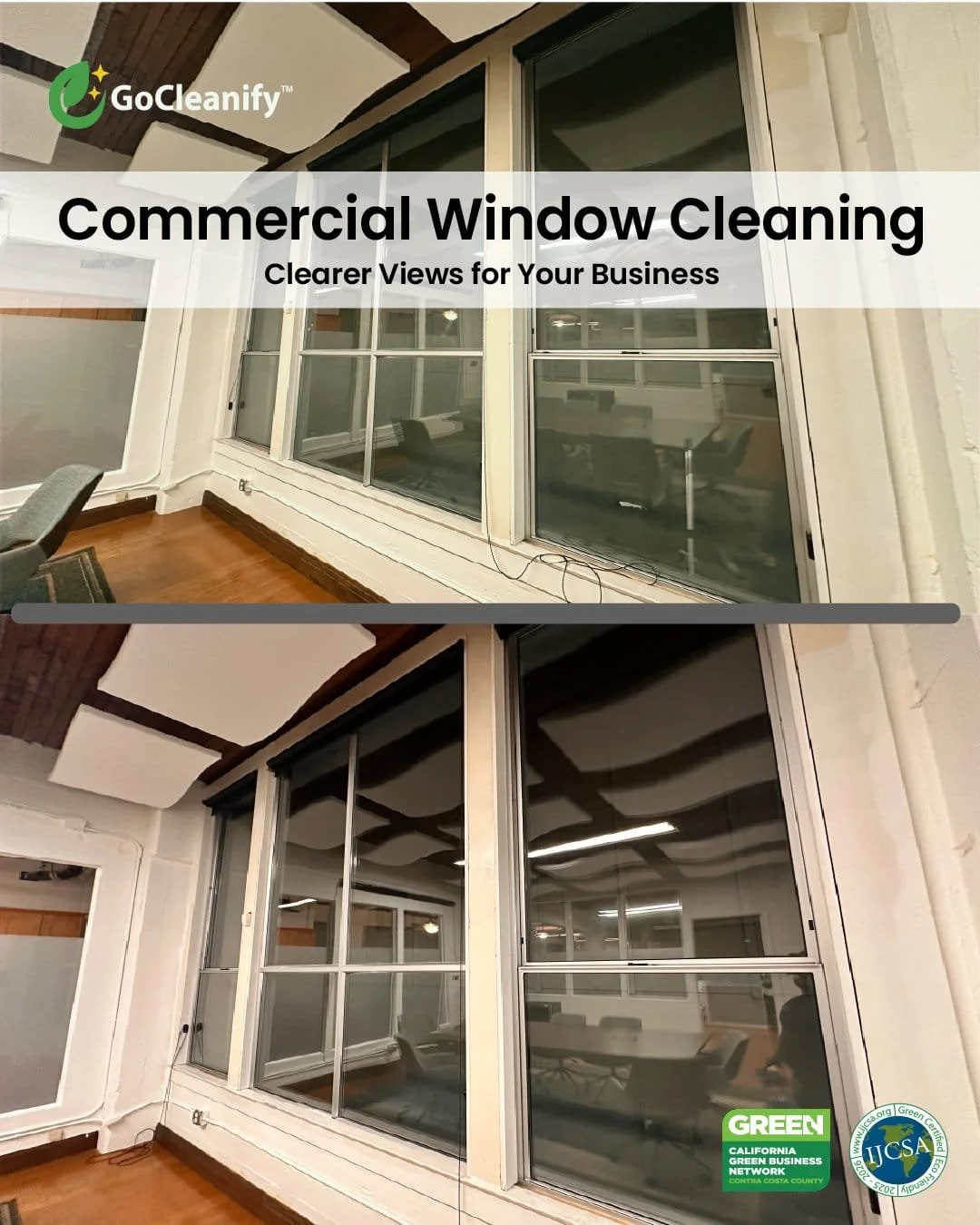 Before and after commercial window cleaning by GoCleanify, showcasing cleaner windows in an office space.