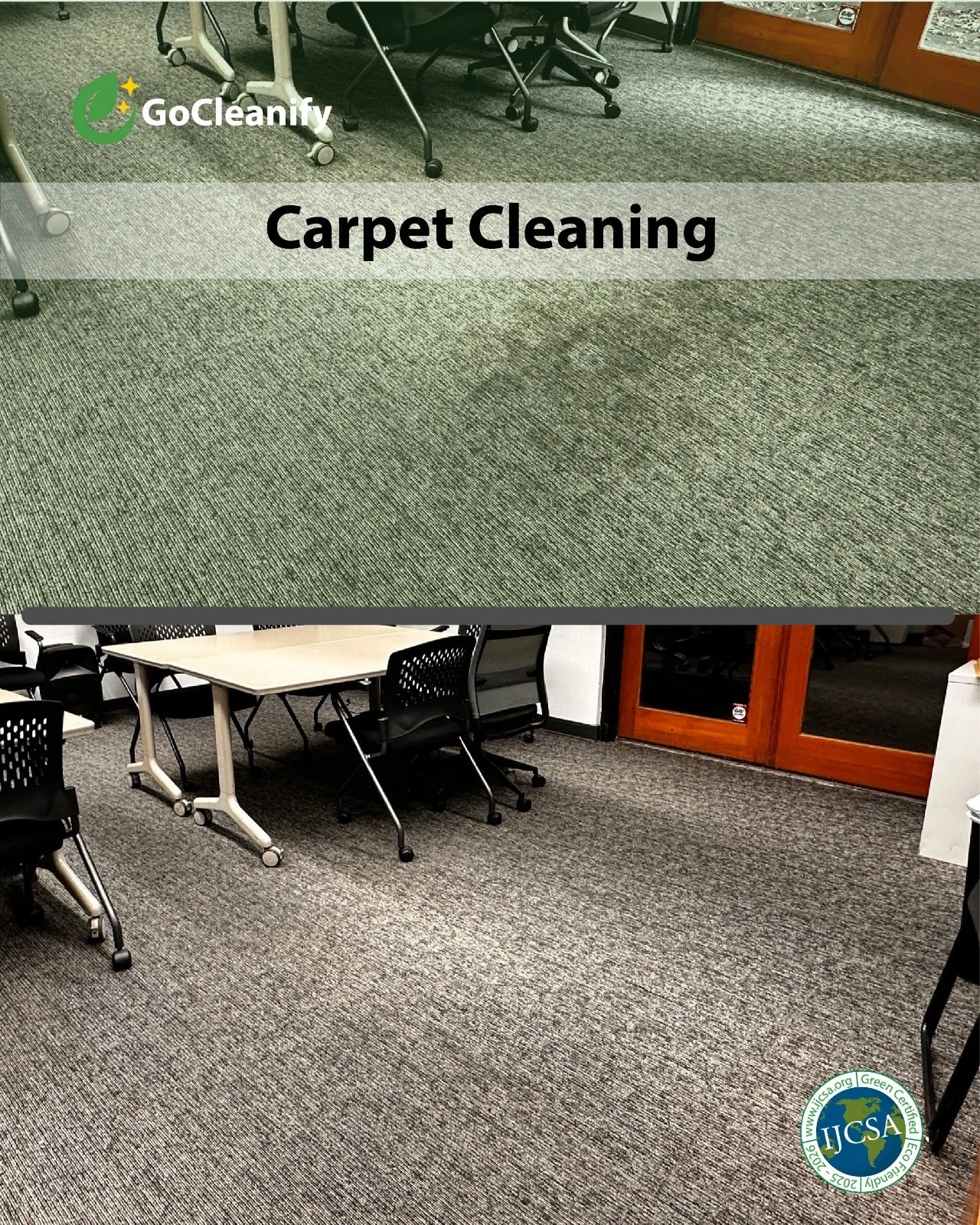 Before and after comparison of carpet cleaning in an office, showing a stained carpet transformed into a clean, spotless surface with office chairs, tables, and doors visible.