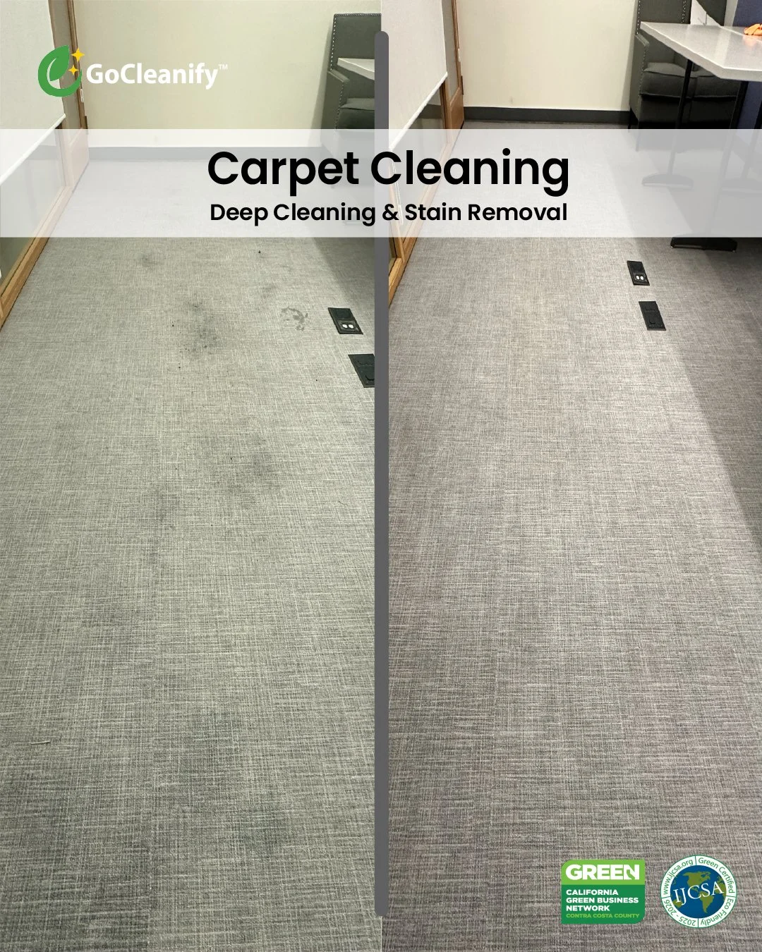 GoCleanify offers deep carpet cleaning and stain removal services in the Bay Area, restoring carpets to a fresh, like-new condition for offices and businesses.