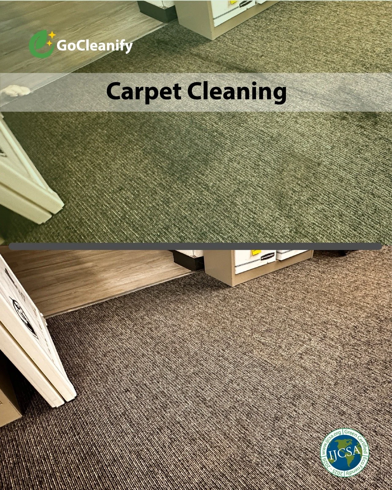 Comparison of carpet before and after cleaning, with a green carpet at the top and a darker, cleaner carpet at the bottom, indicating professional carpet cleaning services.