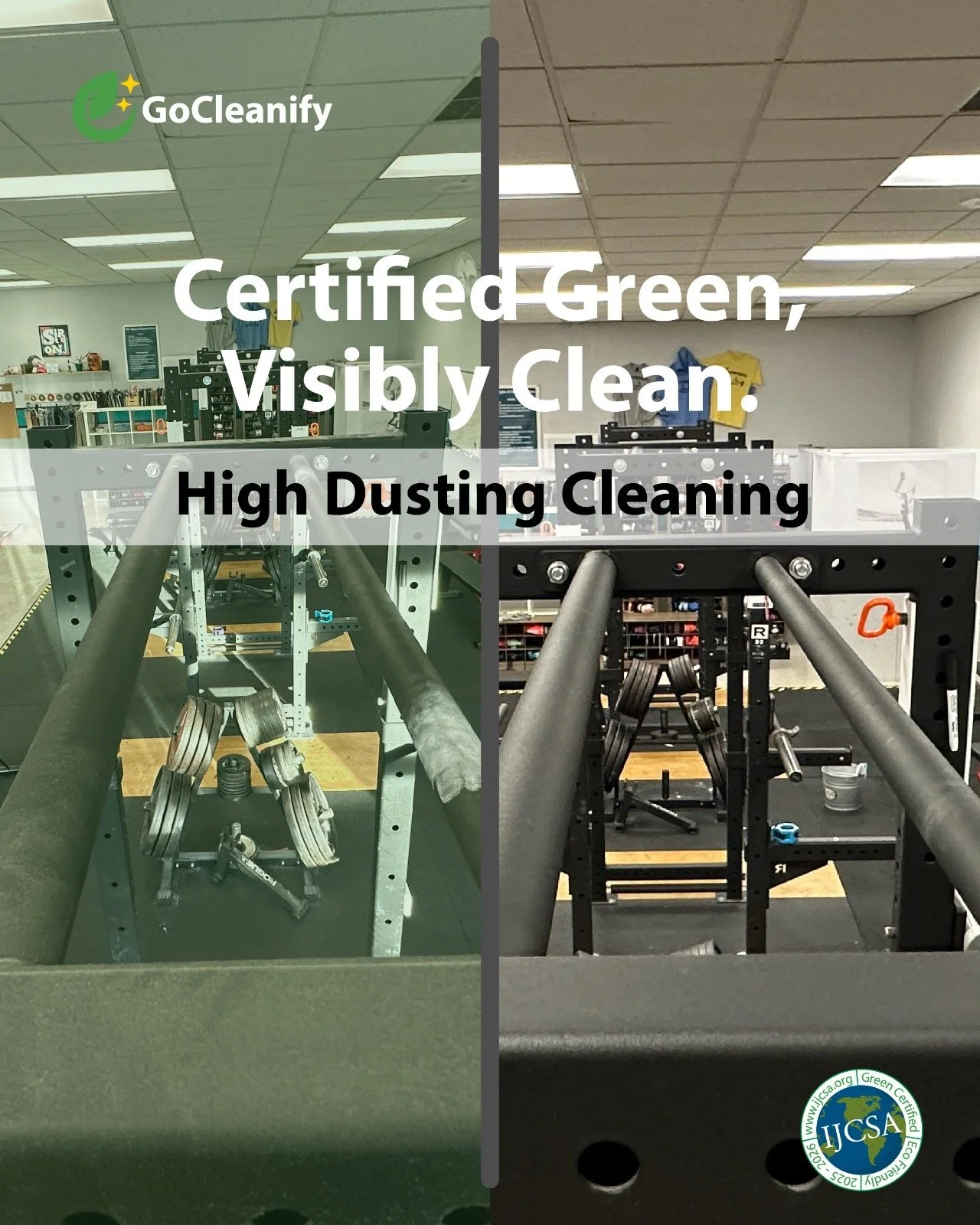 Side-by-side comparison of gym equipment with a green and white logo labeled GoCleanify and an ICSA Green Certified Label, showcasing clean gym facilities.