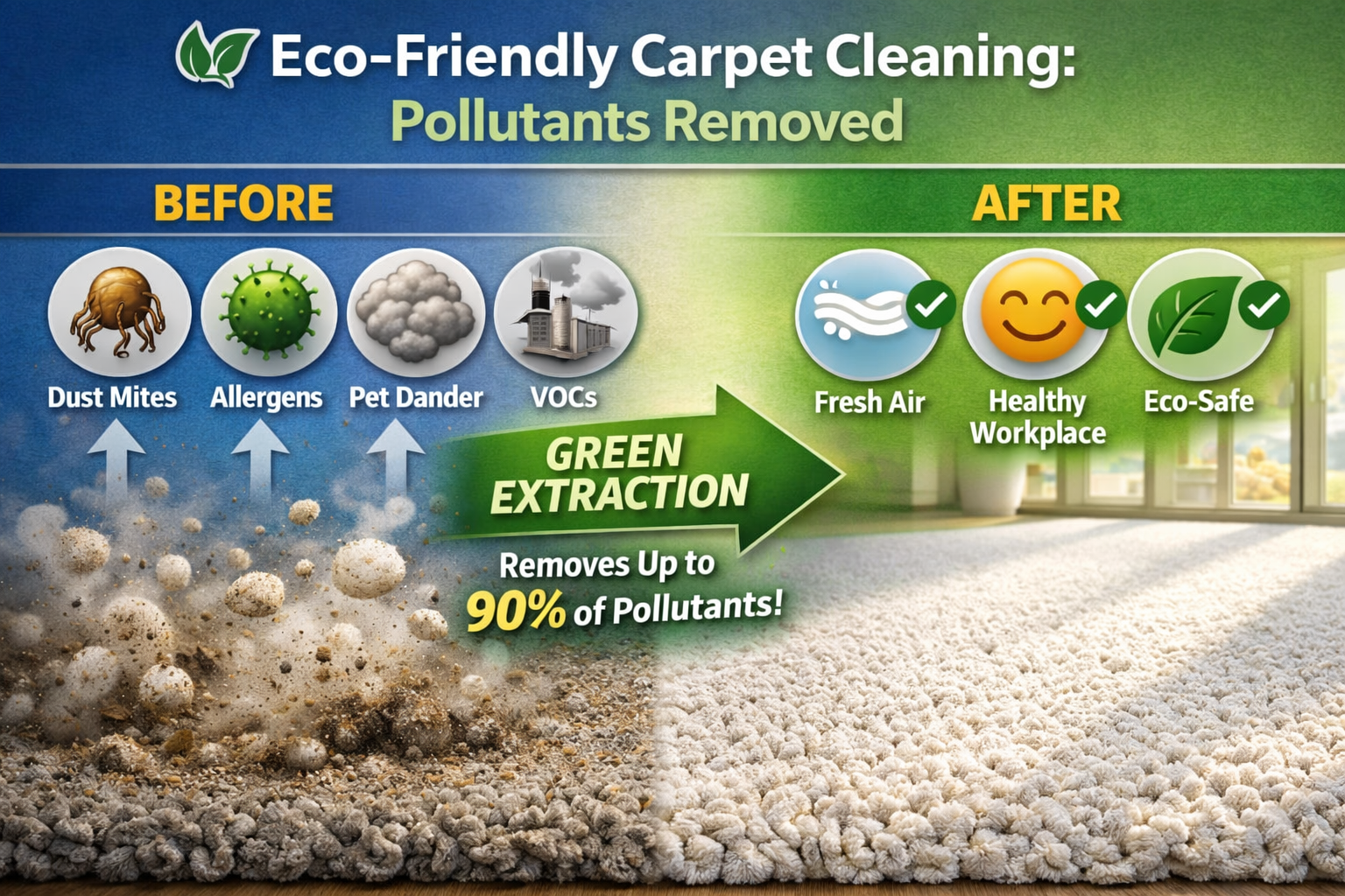"Eco‑friendly carpet cleaning infographic showing pollutants removed (dust mites, allergens, pet dander, VOCs) and benefits after green extraction: fresh air, healthy workspace, eco‑safe Bay Area offices."