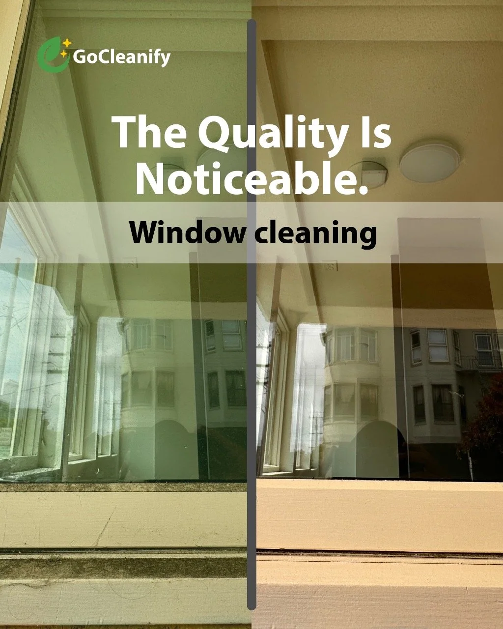 Comparison of two windows, one dirty and one clean, demonstrating window cleaning quality.