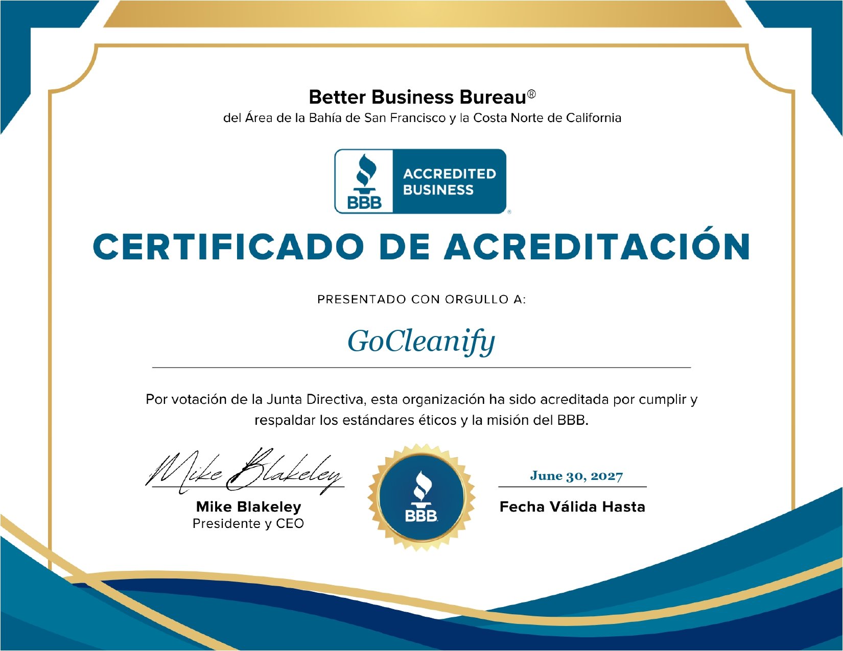 GoCleanify BBB Accredited Business Certificate serving the San Francisco Bay Area