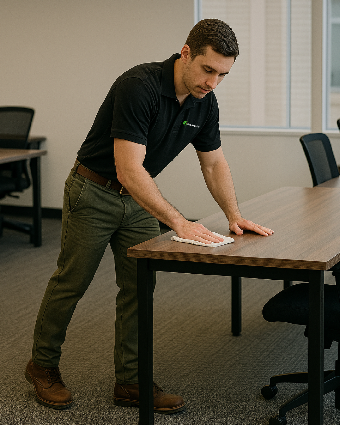 Office surface cleaning and disinfection by GoCleanify, ensuring sanitized workspaces and professional janitorial services in the San Francisco Bay Area.