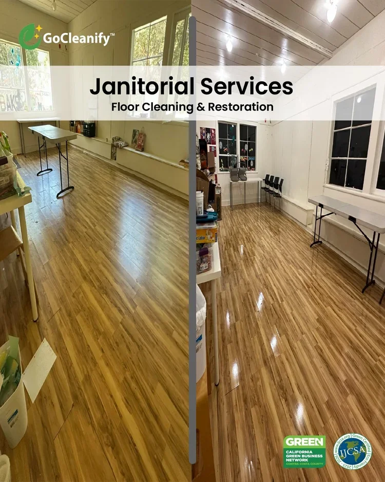 Before-and-after eco-friendly floor cleaning and restoration by GoCleanify, certified by California Green Business Network and IJCSA in the Bay Area