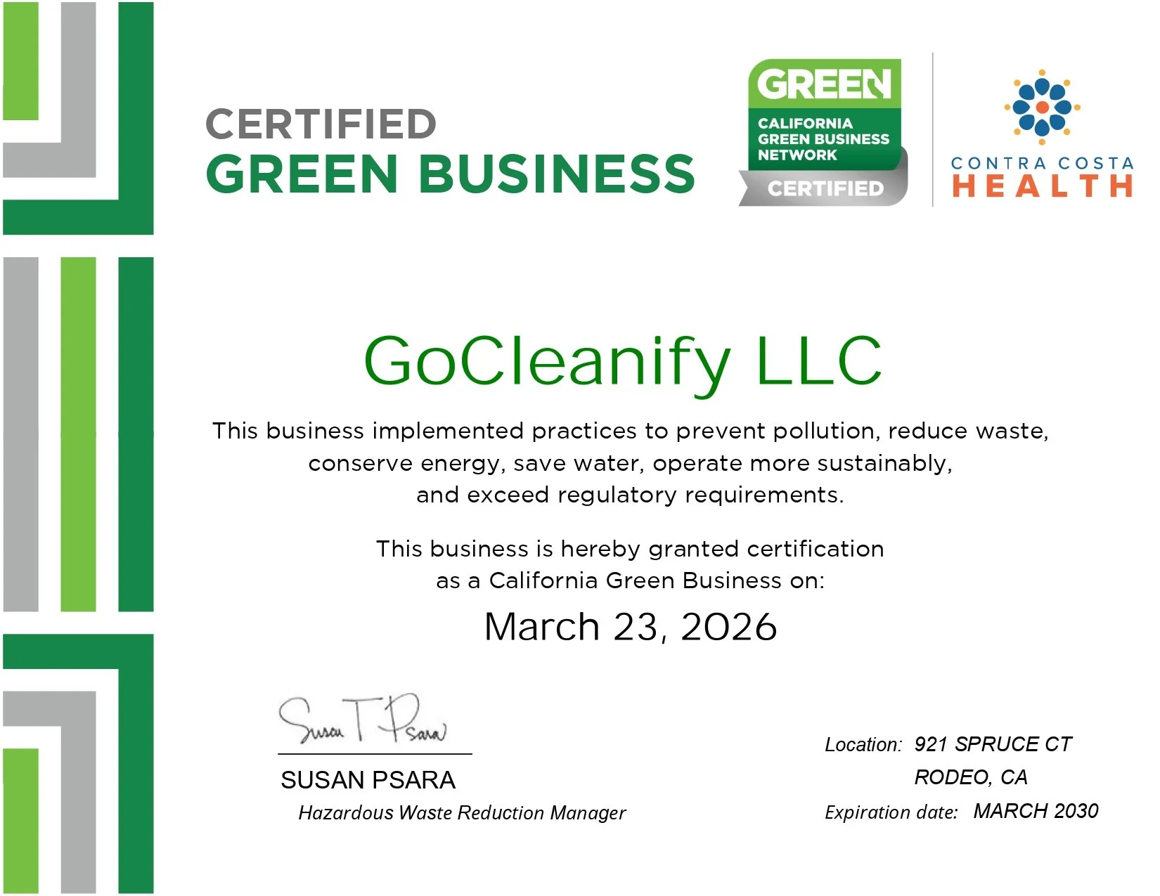 GoCleanify LLC certified as a California Green Business, recognized for sustainable practices, eco-friendly cleaning, and environmental responsibility in the San Francisco Bay Area.