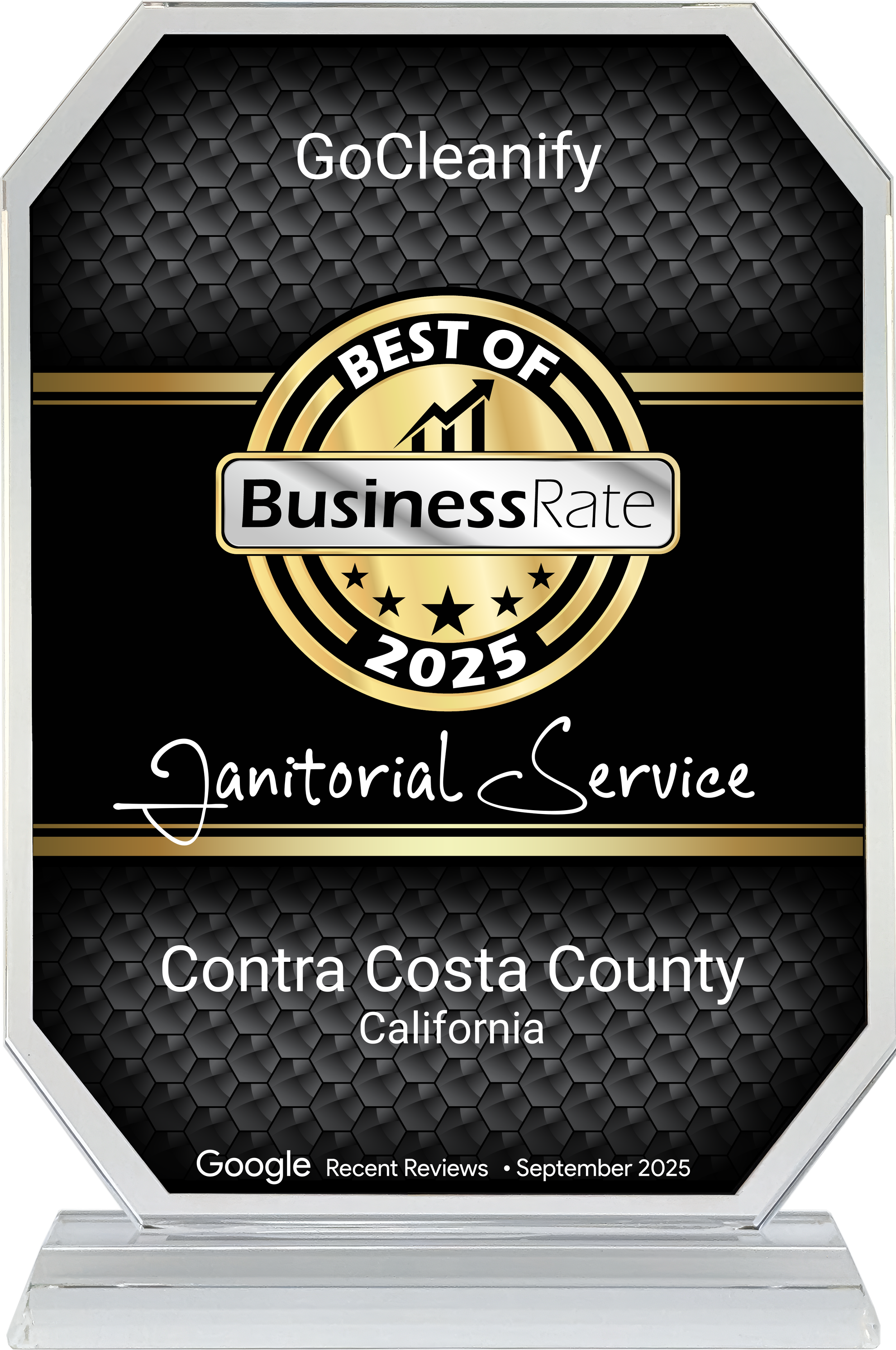 GoCleanify award for Best Janitorial Service in Contra Costa County 2025, recognized for top-rated commercial cleaning services in California.