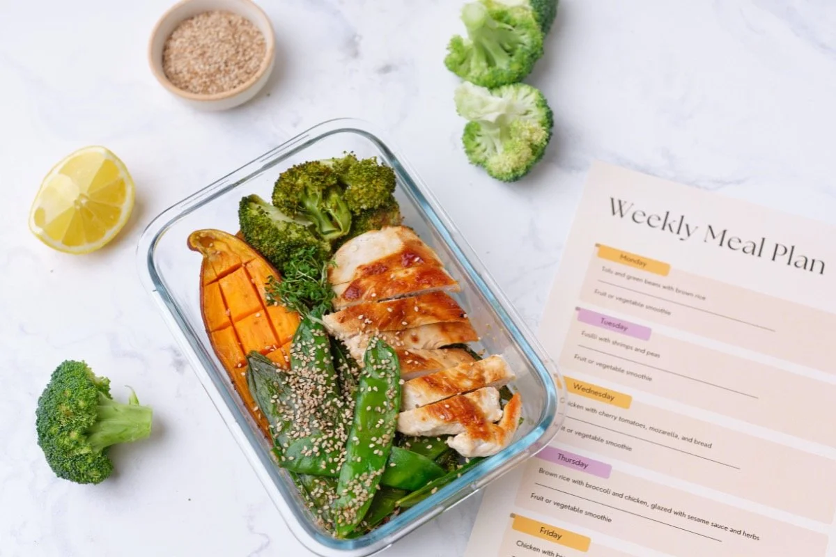 chicken, sweet potato and green vegetables in glass container next to meal plan for Wegovy or Mounjaro
