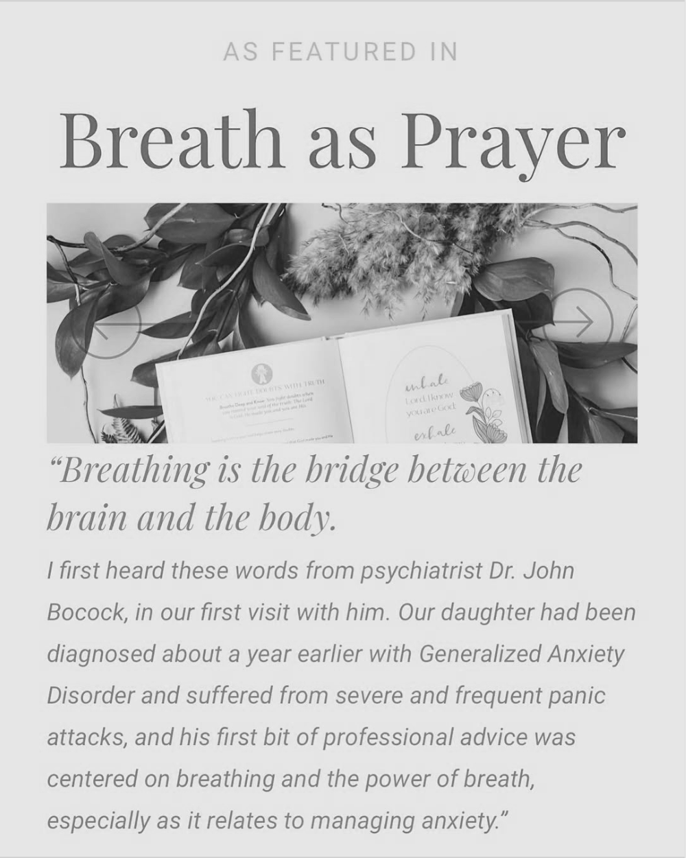 A magazine or book page titled "Breath as Prayer" with a quote about breathing, surrounded by decorative leaves and flowers.