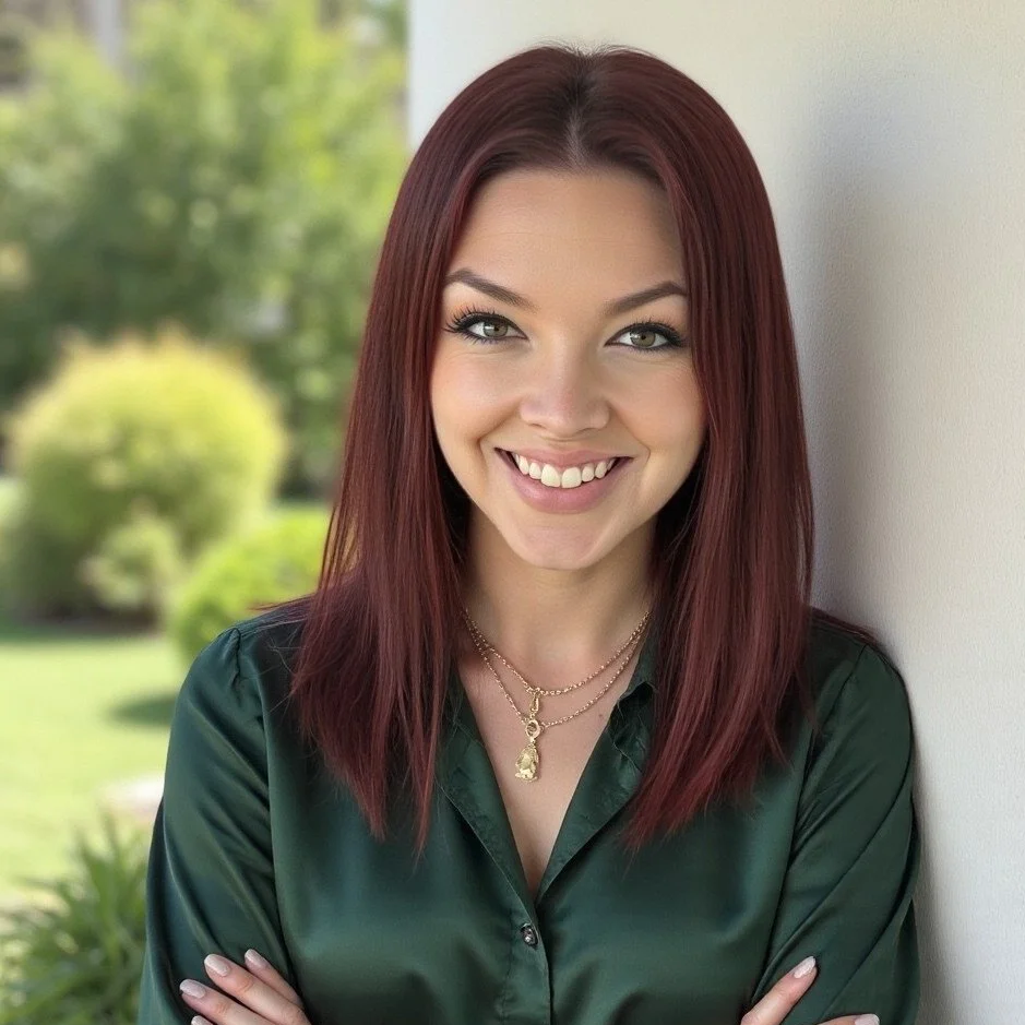 A young woman with straight red hair, smiling, wearing a dark green blouse and layered gold necklaces, standing outdoors against a light-colored wall with green trees and bushes in the background.
