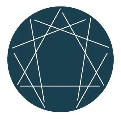 A dark blue circle with white geometric lines forming an abstract pattern inside.