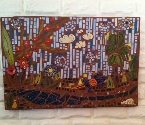 Colorful mosaic artwork depicting a garden scene with flowers, a bee, a butterfly, and clouds in a stylized sky.