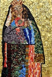 Mosaic artwork of a woman with long hair, wearing a colorful dress, standing against a gold background.