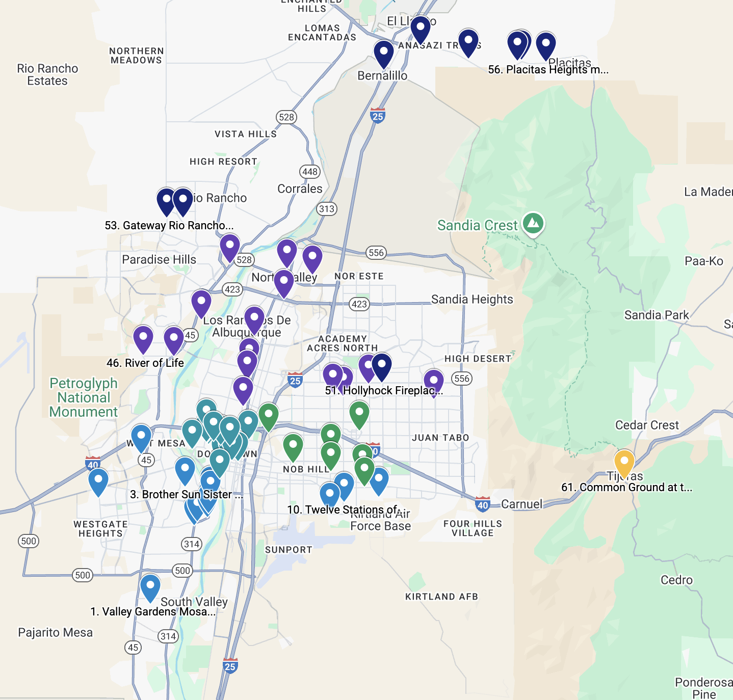 Map of Albuquerque, New Mexico, showing various points of interest marked with colored pins, including parks, landmarks, and neighborhoods.