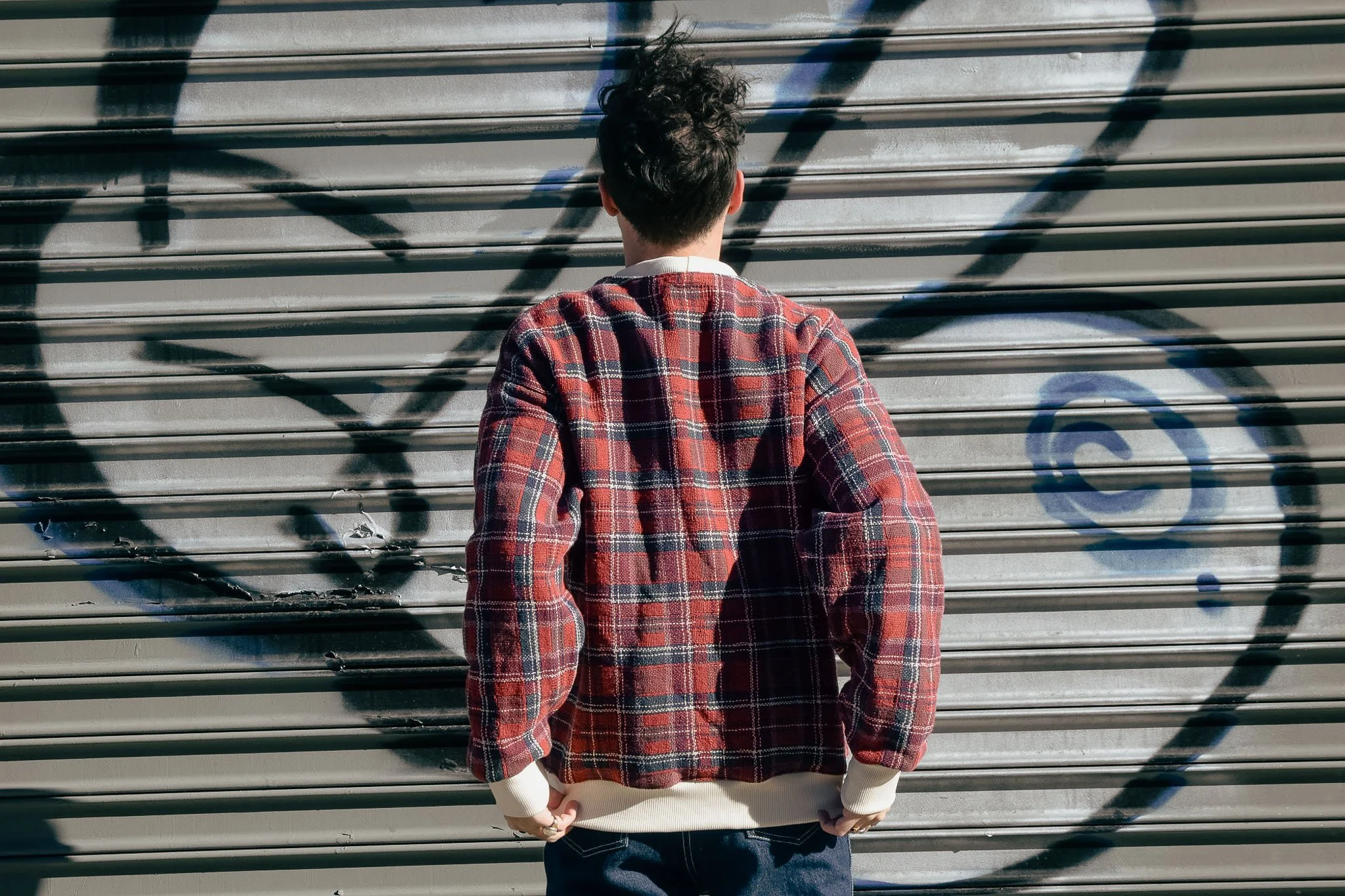 Red Plaid Upcycled Blanket Crewneck (M)