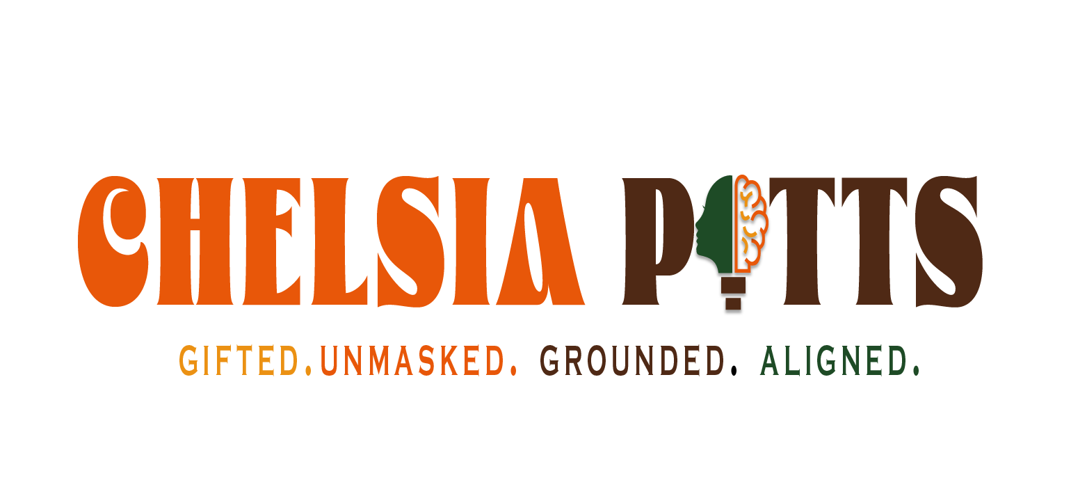 Chelsia Potts logo with text 'Gifted. Unmasked. Grounded. Aligned.' and a codon design element.