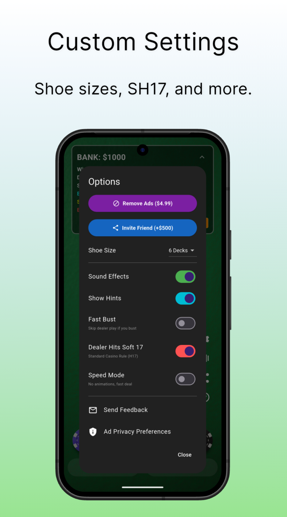 Settings menu for shoe size, sound effects, and dealer rules like hitting on soft 17.