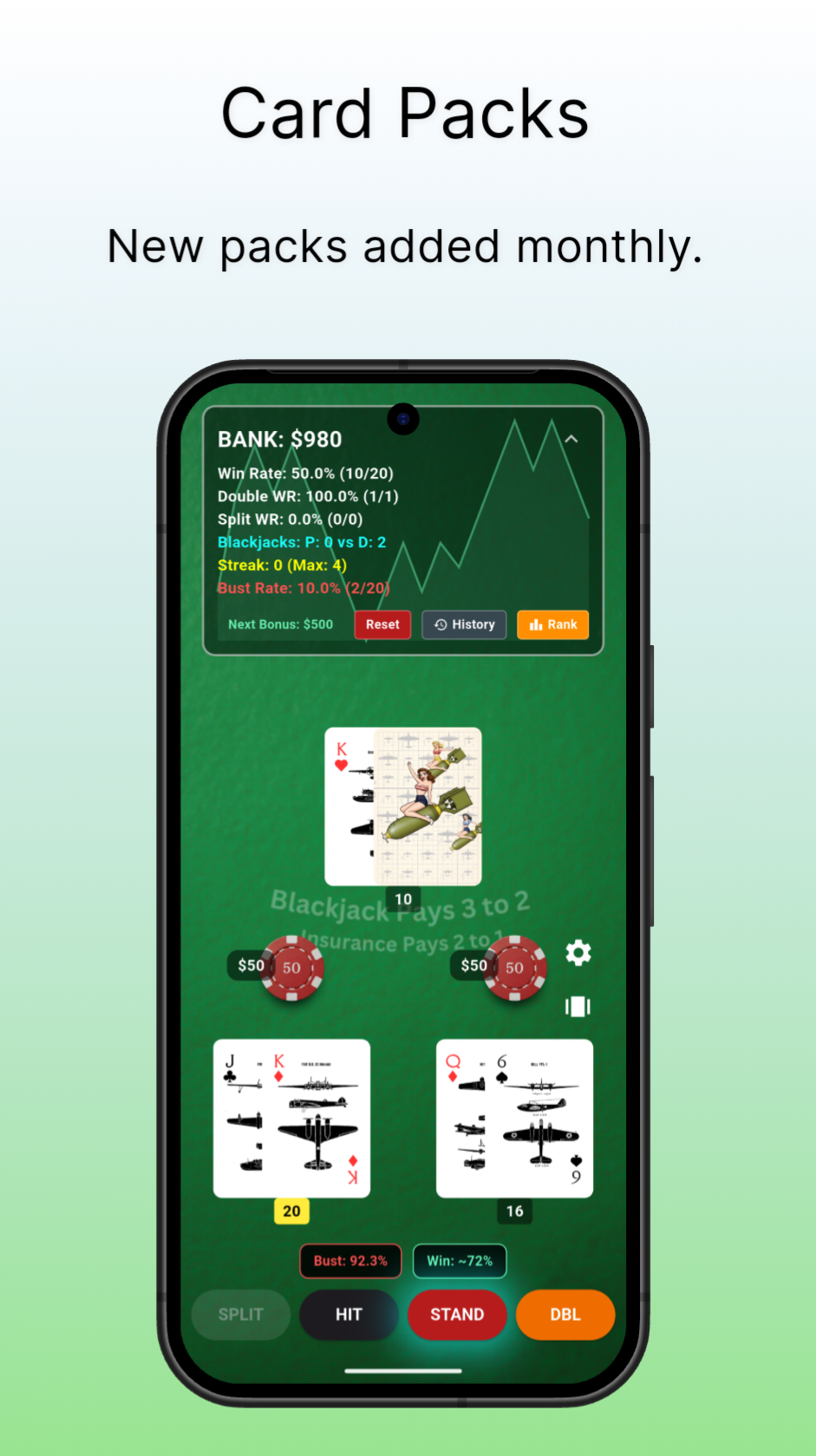 Blackjack hand with a strategy hint overlay suggesting the optimal move based on real odds.