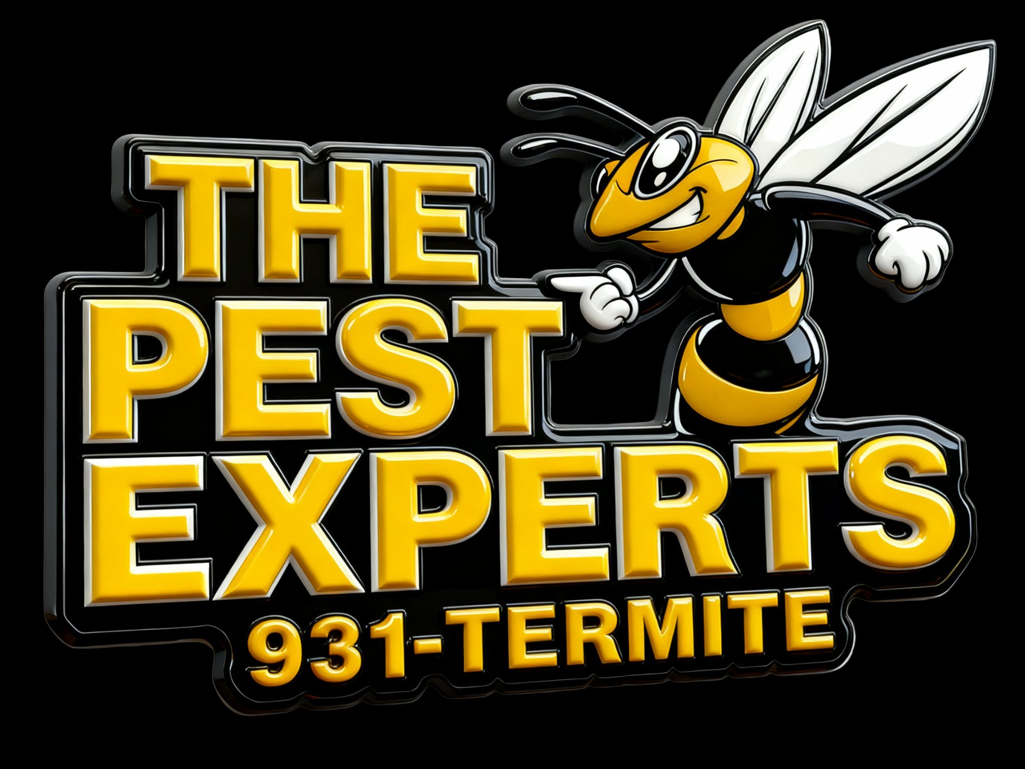 'THE PEST EXPERTS' in large yellow letters, accompanied by a cartoon bee with a smiling face, wings, and black and yellow stripes, 931-TERMITE