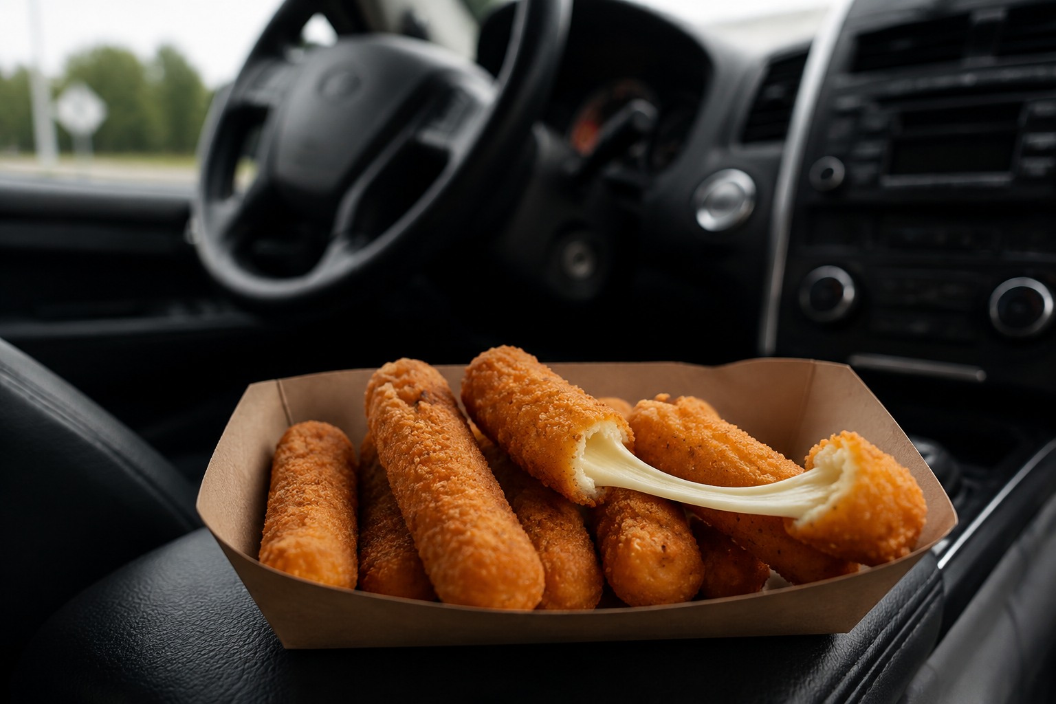 A basket of mozzarella sticks with melted cheese stretching from one broken stick inside a parked car.