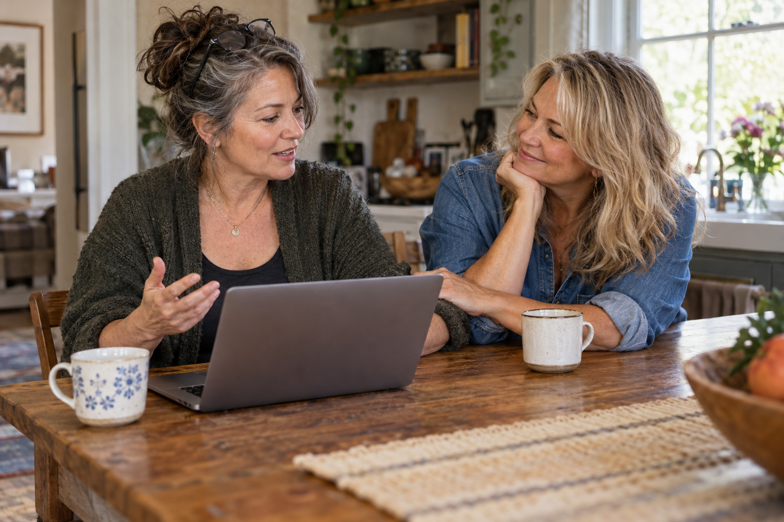 Two midlife women share a warm conversation over a laptop and coffee at a kitchen table.