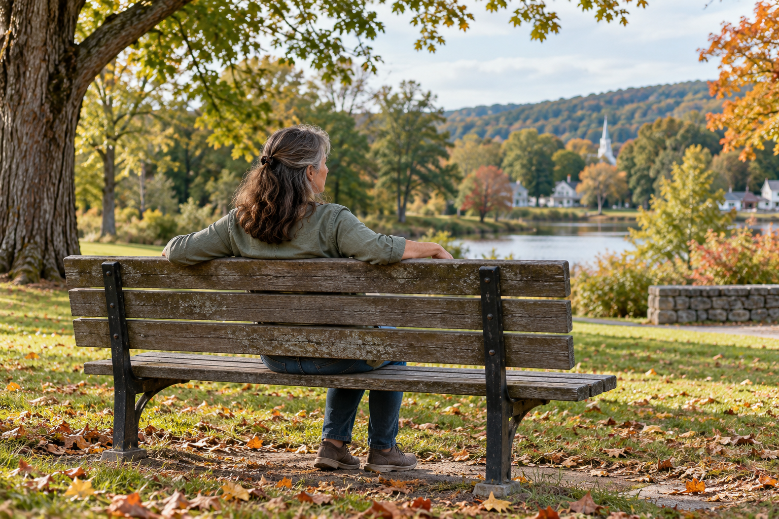 A woman with graying hair rests her arms along a wooden park bench overlooking a lake in autumn.