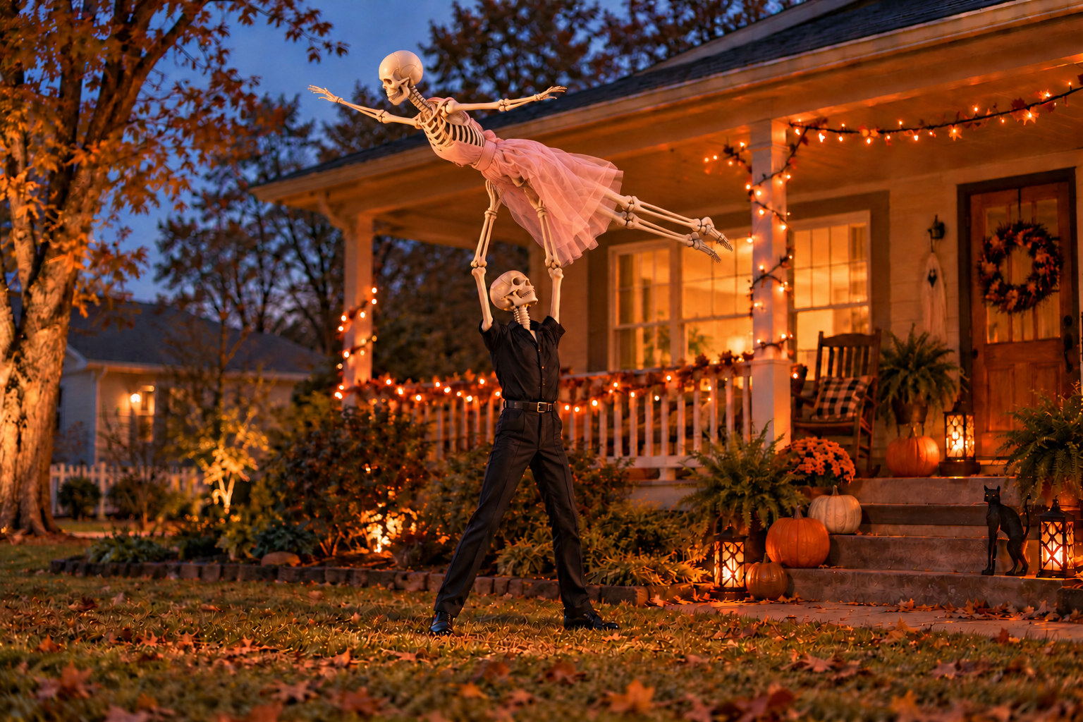 A skeleton dressed in black lifts a skeleton in a pink dress beside a porch glowing with Halloween lights and pumpkins.