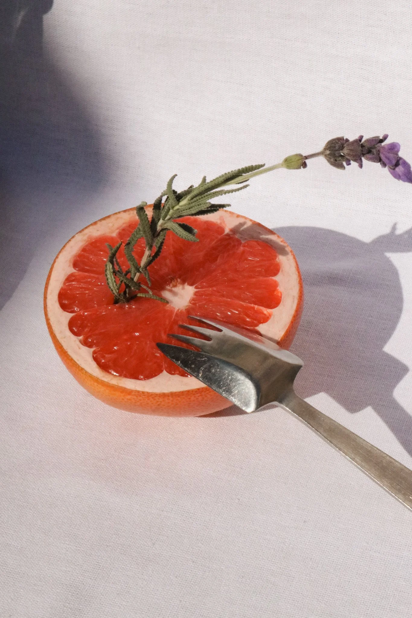 Sliced grapefruit with a sprig of lavender and a fork against a white background.