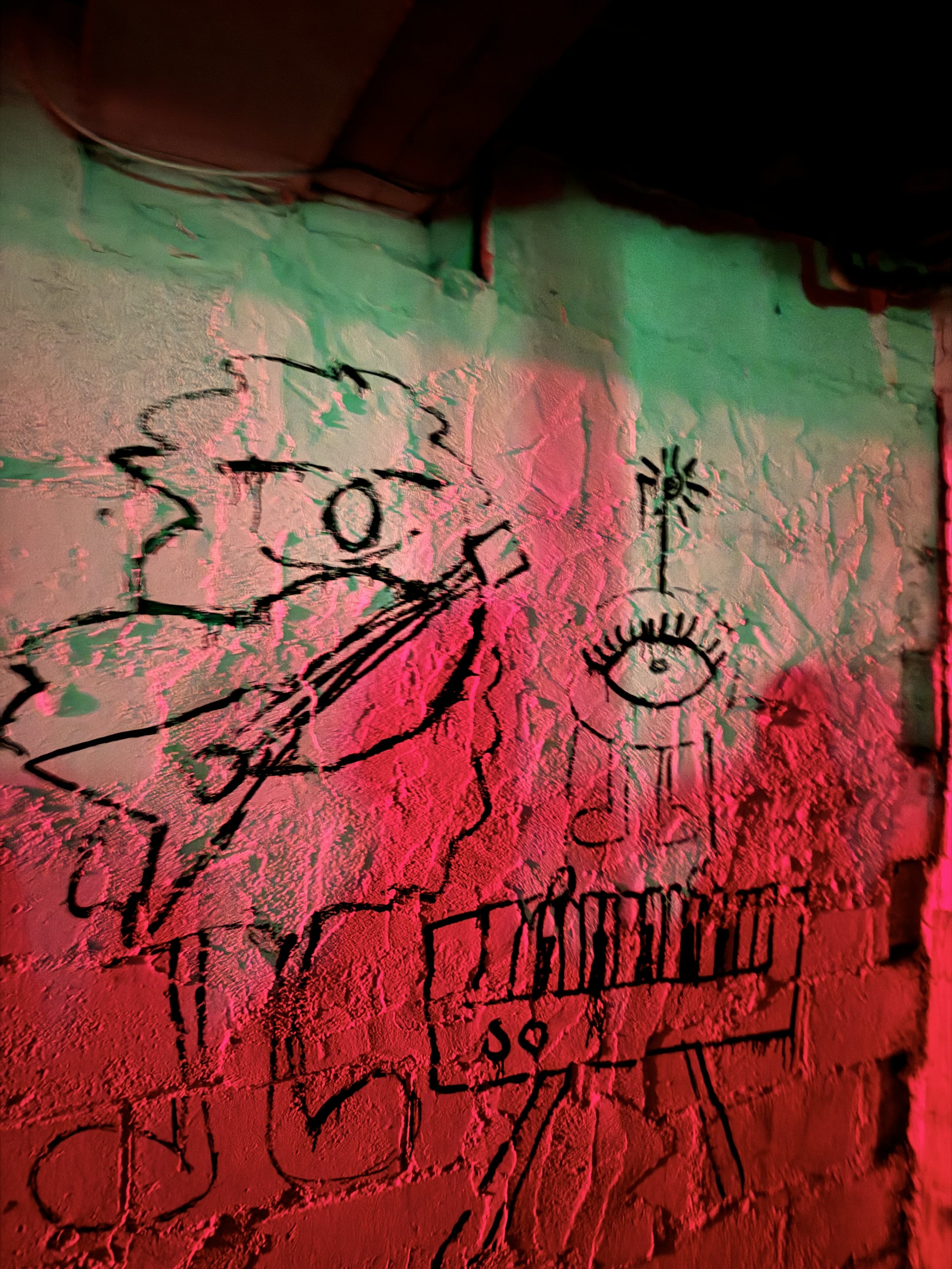 A playful act of vandalism turned commissioned art project. Had doodled on the walls of a local college basement music venue, and was requested back to finish a whole mural.