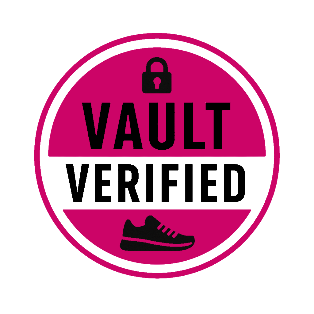 A circular pink and black logo with the word 'VAULT' in bold black letters, a lock icon above, and a sneaker below, all enclosed within a circle.