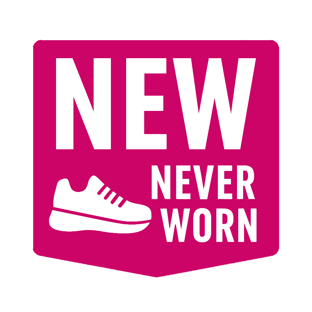 Pink square badge with black text reading 'NEW NEVER WORN' and a silhouette of a sneaker.
