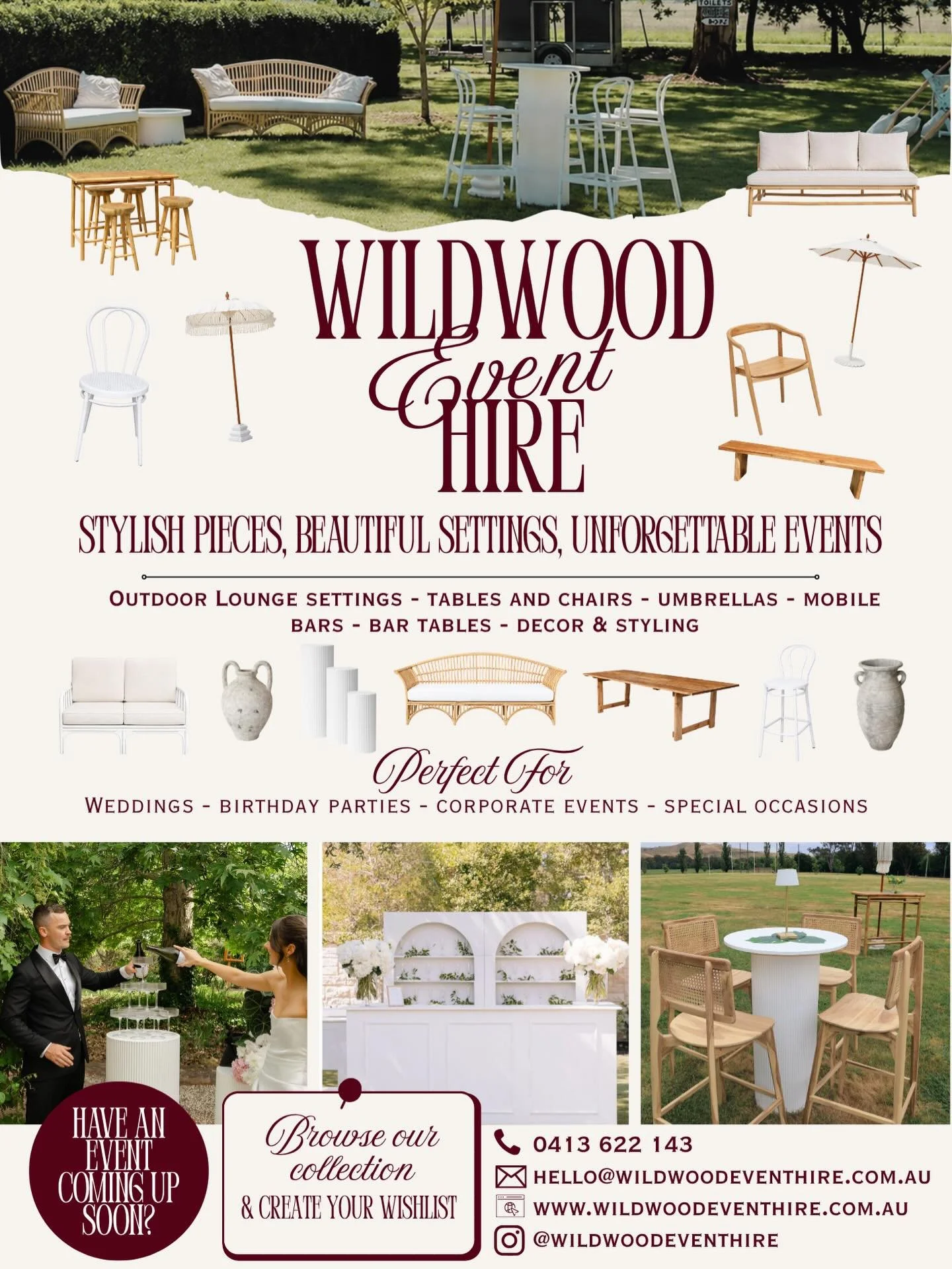 Got an event coming up? ✨

Now&rsquo;s the perfect time to lock in your furniture and styling pieces before dates start filling up 🤍

We&rsquo;re officially open for bookings for weddings, birthdays, celebrations and special events.

Jump on the web